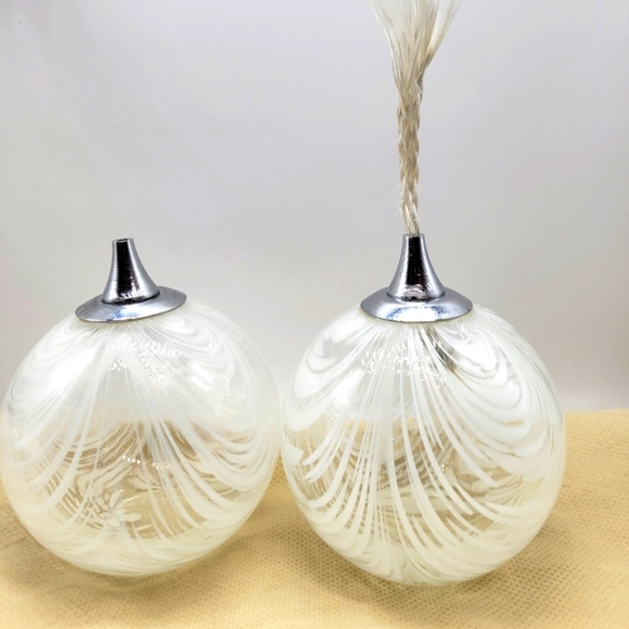 Hand-Blown Swirled White Glass Oil Lamps with Vintage Metal Wick Holders Set TWO - Picture 1 of 13